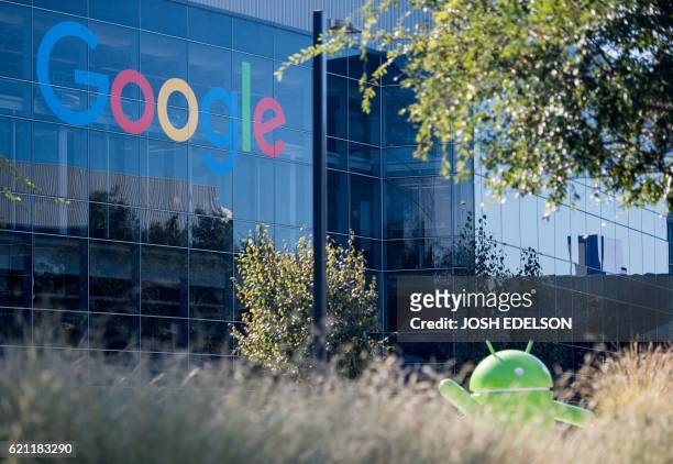 Google logo and Android statue are seen at the Googleplex in Mountain View, California on November 4, 2016.