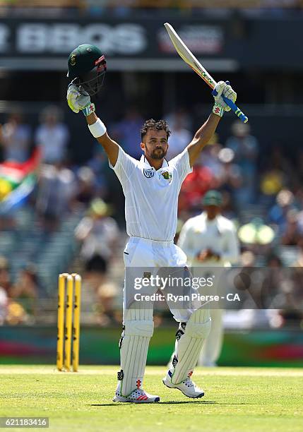 Jean-Paul Duminy of South Africa celebrates after reaching his century during day three of the First Test match between Australia and South Africa at...