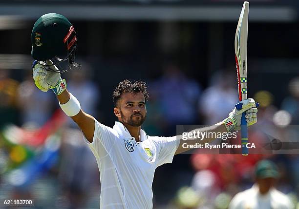 Jean-Paul Duminy of South Africa celebrates after reaching his century during day three of the First Test match between Australia and South Africa at...