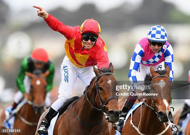 Ben Melham rides Malaguerra to win race 8, the Darley Classic on Stakes Day at Flemington Racecourse on November 5, 2016 in Melbourne, Australia.