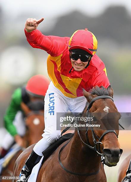 Ben Melham rides Malaguerra to win race 8, the Darley Classic on Stakes Day at Flemington Racecourse on November 5, 2016 in Melbourne, Australia.