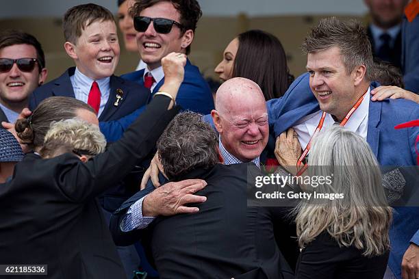 Connections of Awesome Rock celebrate winning race 7, the Emirates Stakes on Stakes Day at Flemington Racecourse on November 5, 2016 in Melbourne,...