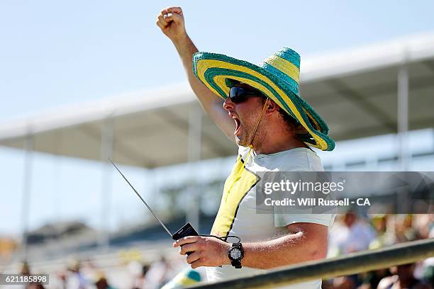 An Australia fan reacts after a DRS decision over rules Umpire Dar dismissing Jean-Paul Duminy of South Africa off a ball by Peter Siddle of...