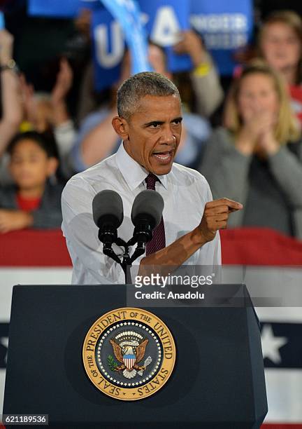 President Barack Obama gives a speech during a presidential election campaign rally, supporting Democrat Party's Presidential Candidate Hillary...