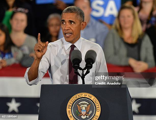 President Barack Obama gives a speech during a presidential election campaign rally, supporting Democrat Party's Presidential Candidate Hillary...