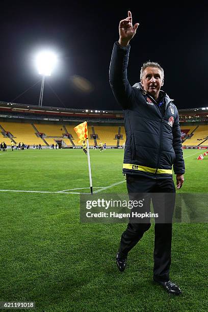 Coach Ernie Merrick of the Phoenix salutes the crowd after winning the round five A-League match between the Wellington Phoenix and the Newcastle...