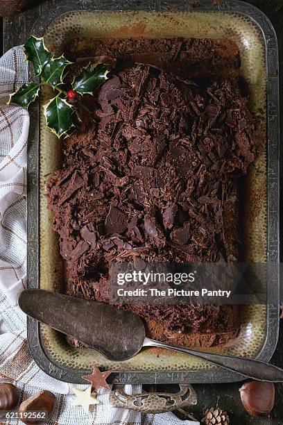 homemade christmas chocolate yule log - buche noel stock pictures, royalty-free photos & images