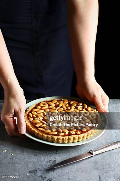 female hands holding a caramel nut tart on a plate - cashew pieces stock pictures, royalty-free photos & images