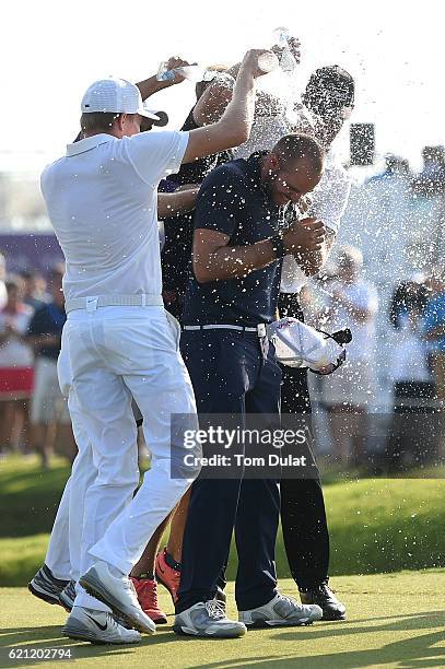 Bernd Ritthammer of Germany is drenched with water as he celebrates victory on the 18th green during day four of the NBO Golf Classic Grand Final at...