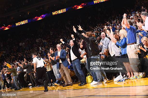 Joe Lacob owner of the Golden State Warriors celebrates during the game against the Oklahoma City Thunder on November 3, 2016 at ORACLE Arena in...