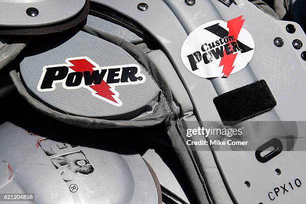 Detail view of an Army Black Knights shoulder pad set for use against the Wake Forest Demon Deacons at BB&T Field on October 29, 2016 in Winston...