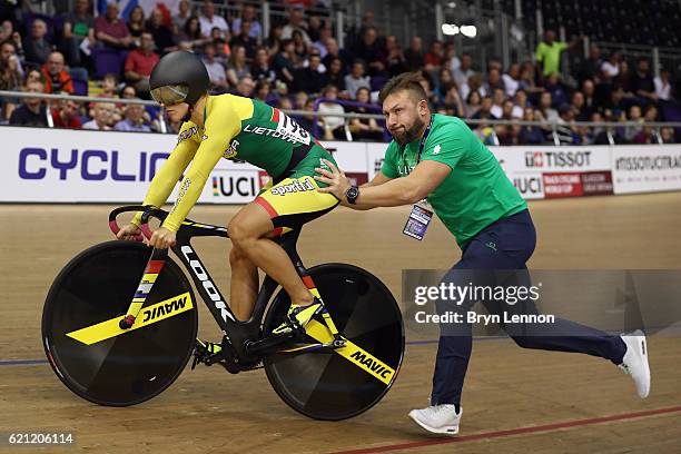 Simona Krupeckaite of Lithuania begins to qualify for the Women's Sprint during day two of the UCI Track Cycling World Cup at the Sir Chris Hoy...