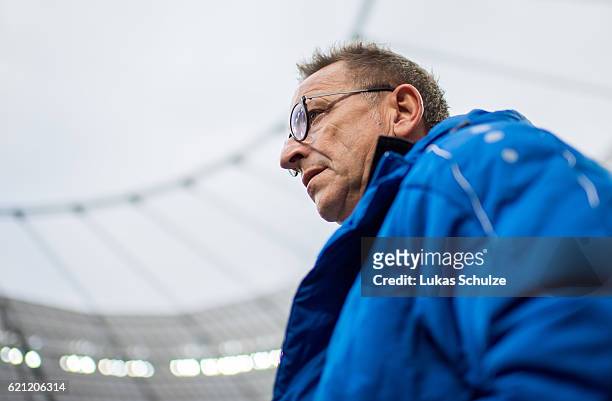 Head Coach Norbert Meier of Darmstadt arrives prior to the Bundesliga match between Bayer 04 Leverkusen and SV Darmstadt 98 at BayArena on November...