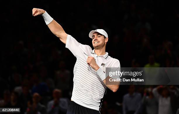 John Isner of the United States celebrates victory during the Mens Singles semi final match against Marin Cilic of Croatia on day six of the BNP...