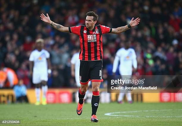 Charlie Daniels of AFC Bournemouth celebrates his sides first goal after his team mate Dan Gosling of AFC Bournemouth scored during the Premier...