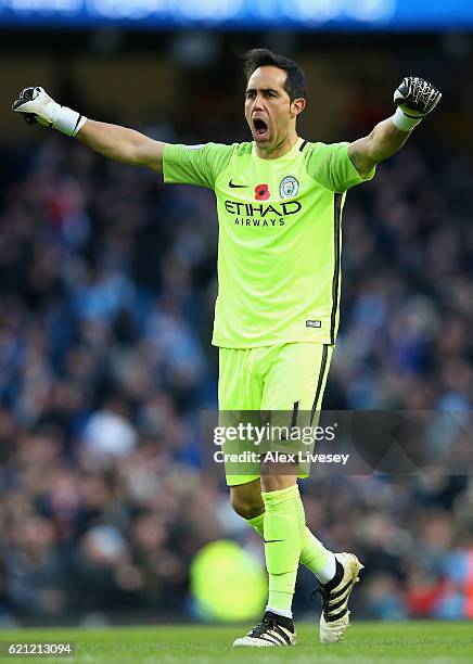 Claudio Bravo of Manchester City celerates his side goal during the Premier League match between Manchester City and Middlesbrough at Etihad Stadium...