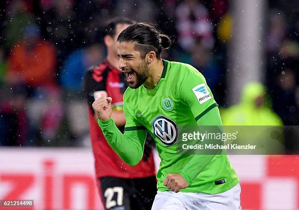 Ricardo Rodriguez of VFL Wolfsburg celebrates his goal during the Bundesliga match between Sport Club Freiburg and VfL Wolfsburg at...
