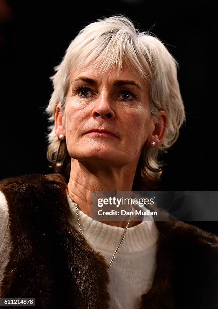 Judy Murray watches as her son Andy Murray of Great Britain is named world number one following a walkover in the Mens Singles semi final against...