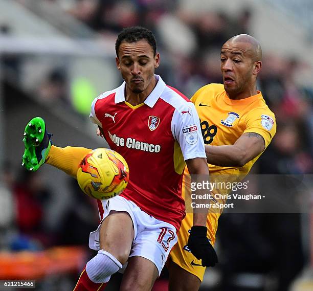 Rotherham Uniteds Peter Odemwingie shields the ball from Preston North End's Alex John-Baptiste during the Sky Bet Championship match between...