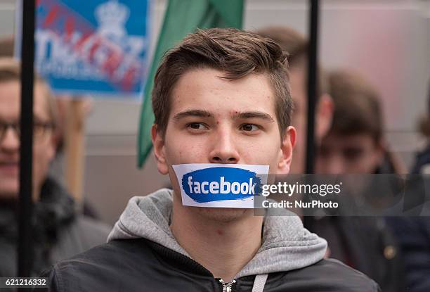 Supporters of Right Wing Movement protest against events, groups and profiles blocked by Facebook in front of the Facebook Office in Warsaw, Poland...