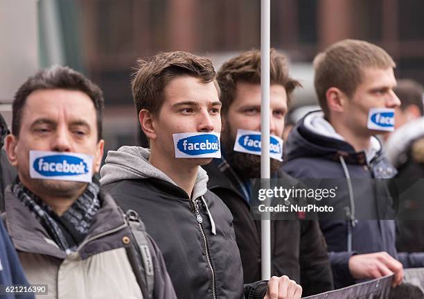 Supporters of Right Wing Movement protest against events, groups and profiles blocked by Facebook in front of the Facebook Office in Warsaw, Poland...