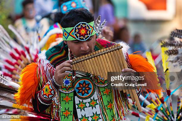 the ecuadorian group inti runas plays pan flute and dances in traditonal indiginous attire - guanajuato, mexico - guaira fotografías e imágenes de stock