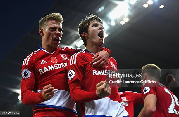 Marten de Roon of Middlesbrough celebrates scoring his sides first goal with Viktor Fischer of Middlesbrough during the Premier League match between...