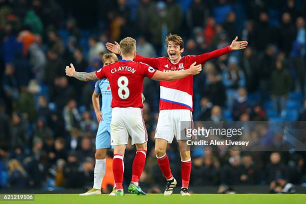 Marten de Roon of Middlesbrough celebrates scoring his sides first goal with Adam Clayton of Middlesbrough during the Premier League match between...