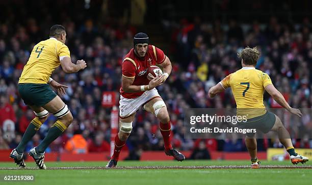 Luke Charteris of Wales charges upfield during the international match between Wales and Australia at the Principality Stadium on November 5, 2016 in...
