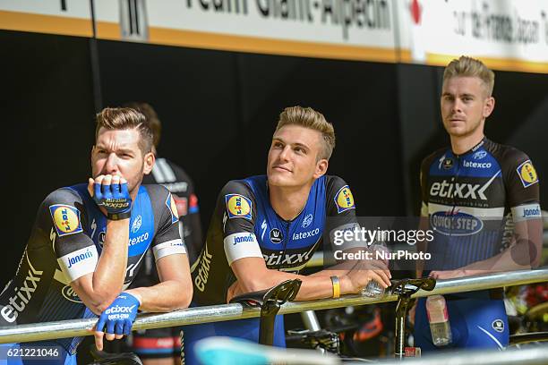 Fabio Sabatini, Marcel Kottel and Julien Vermote from Etixx Quick Step Team, ahead of the race, at the fouth edition of the Tour de France Saitama...