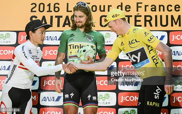 The Tour de France Saitama Criterium 2016 podium: the Japanese national champion, Sho Hatsuyuma, Peter Sagan and Chris Froome. On Saturday, 29th...