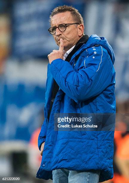 Head Coach Norbert Meier of Darmstadt is seen during the Bundesliga match between Bayer 04 Leverkusen and SV Darmstadt 98 at BayArena on November 5,...