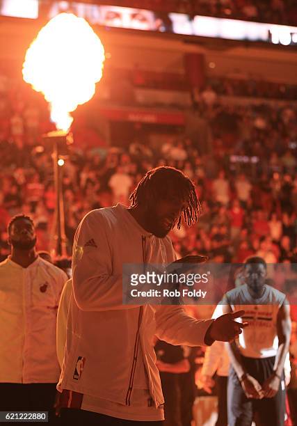 Derrick Williams of the Miami Heat looks on during player introductions before the game against the San Antonio Spurs at American Airlines Arena on...