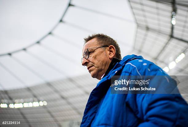 Head Coach Norbert Meier of Darmstadt is seen prior to the Bundesliga match between Bayer Leverkusen and SV Darmstadt 98 at BayArena on November 5,...