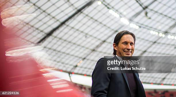 Head Coach Norbert Meier of Darmstadt is seen prior to the Bundesliga match between Bayer Leverkusen and SV Darmstadt 98 at BayArena on November 5,...