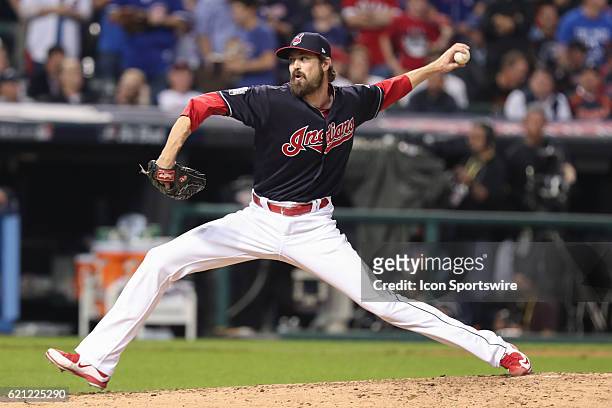 Cleveland Indians relief pitcher Andrew Miller delivers a pitch during game 7 of the 2016 World Series against the Chicago Cubs and the Cleveland...