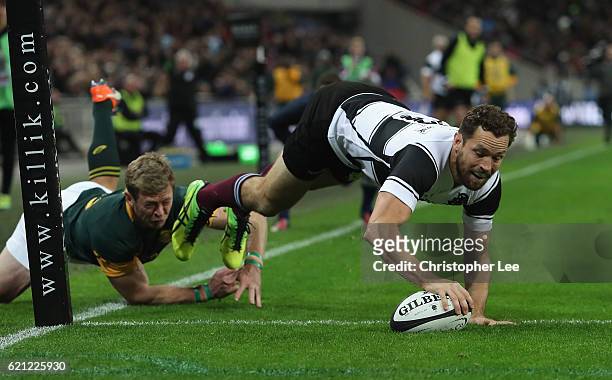 Luke Morahan of Barbarians scores their fourth try during the Killik Cup match between Barbarians and South Africa at Wembley Stadium on November 5,...