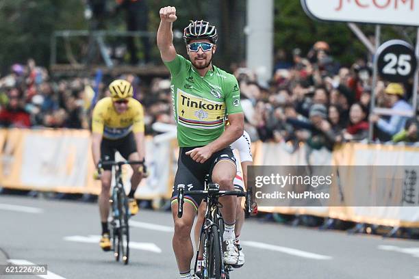 Peter Sagan from Team Tinkoff celebrates his victory ahead of the Japanese Champion Sho Hatsuyuma and Chris Froome from Team SKY, during the main...