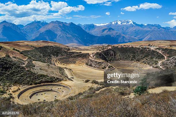 alte inka-rundterrassen in moray, peru - bezirk cuzco stock-fotos und bilder