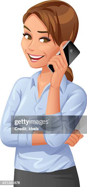 ilustraciones, imágenes clip art, dibujos animados e iconos de stock de joven empresaria hablando por teléfono móvil - woman talking cellphone