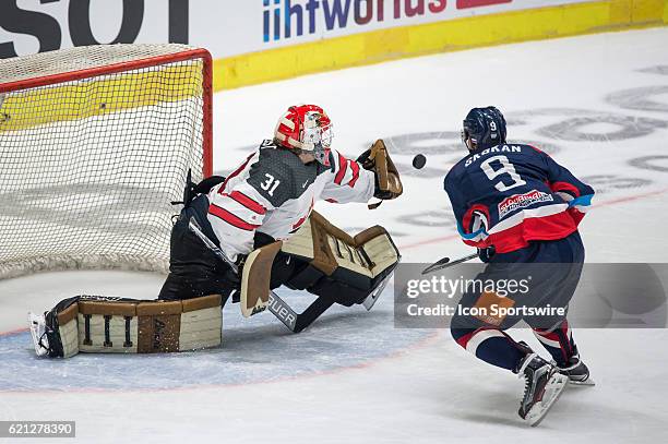 Goalie Barry Brust makes a glove save during the penalty shoot out of Deutschland Cup between Slovakia and Canada on 5 November, 2016 at Curt Frenzel...