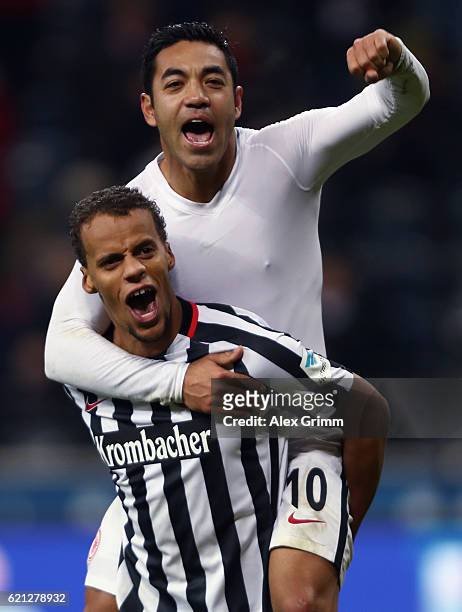 Marco Fabian and Timothy Chandler celebrate after the Bundesliga match between Eintracht Frankfurt and 1. FC Koeln at Commerzbank-Arena on November...