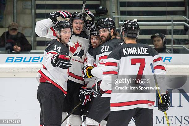 Team Canada celebrates their first goal during the Deutschland Cup between Slovakia and Canada on 5 November, 2016 at Curt Frenzel Stadium in...