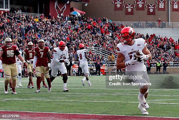 Louisville Cardinals tight end Cole Hikutini hits the end zone for six points on Saturday, November 5, 2016 at Alumni Stadium in Chestnut Hill,...