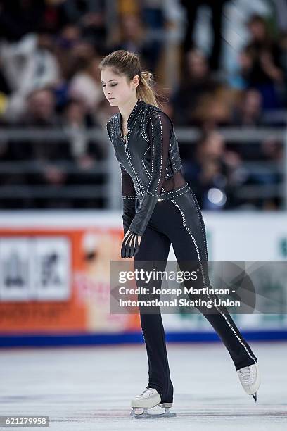 Julia Lipnitskaia of Russia reacts after discontinuing her program due to injury during Ladies Free Skating on day two of the Rostelecom Cup ISU...