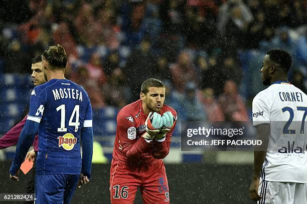 Bastia's French goalkeeper Jean Louis Leca reacts after receiving a red card during the French L1 football match Olympique Lyonnais vs Bastia on...