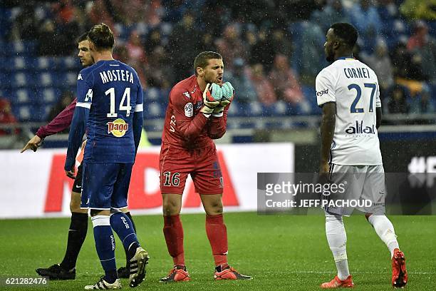 Bastia's French goalkeeper Jean Louis Leca reacts after receiving a red card during the French L1 football match Olympique Lyonnais vs Bastia on...