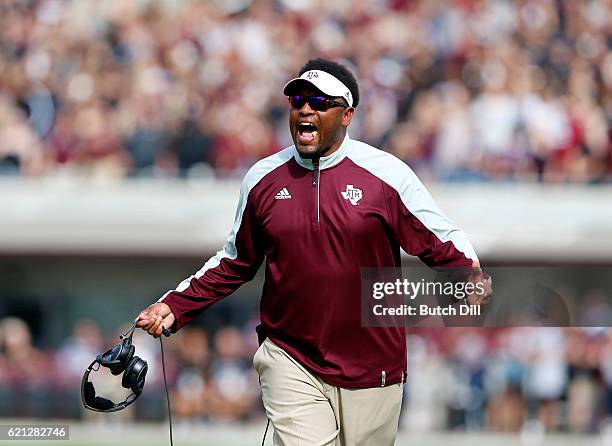 Head coach Kevin Sumlin of the Texas A&M Aggies reacts to a call during the first half of an NCAA college football game against the Mississippi State...