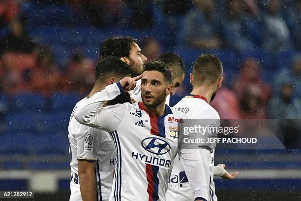 Lyon's French midfielder Jordan Ferri reacts after Bastia's Swedish midfielder Pierre Bengtsson scored an own goal during the French L1 football...