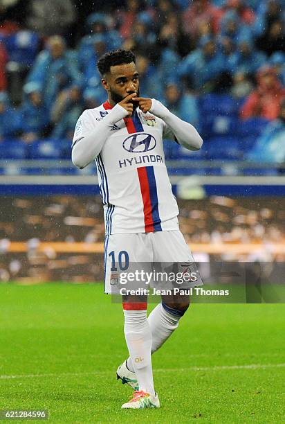 Alexandre LACAZETTE of Lyon celebrates scoring his goal during the Ligue 1 match between Olympique Lyonnais and SC Bastia at Stade de Gerland on...